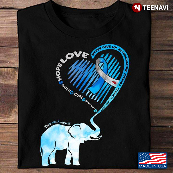 Blue Elephant Ribbon Heart Shirt, Diabetes Awareness Never Give Up