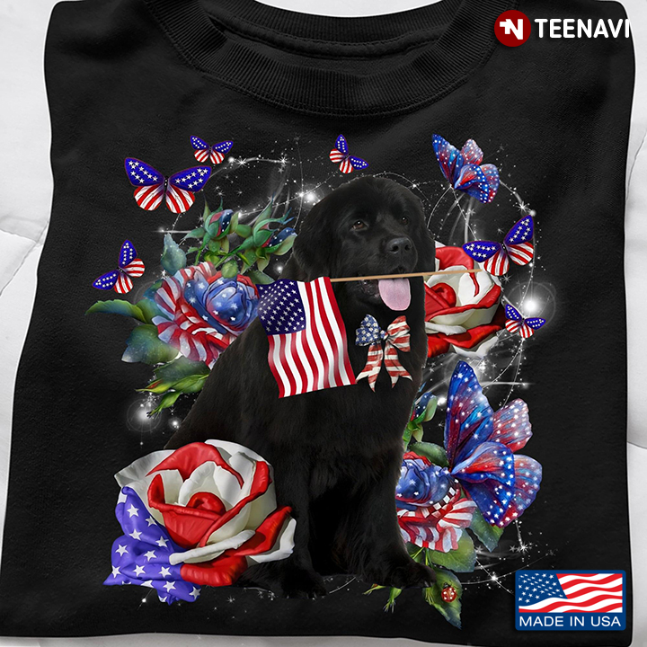 Newfoundland Dog American Flag Roses Butterflies Shirt, Fourth Of July