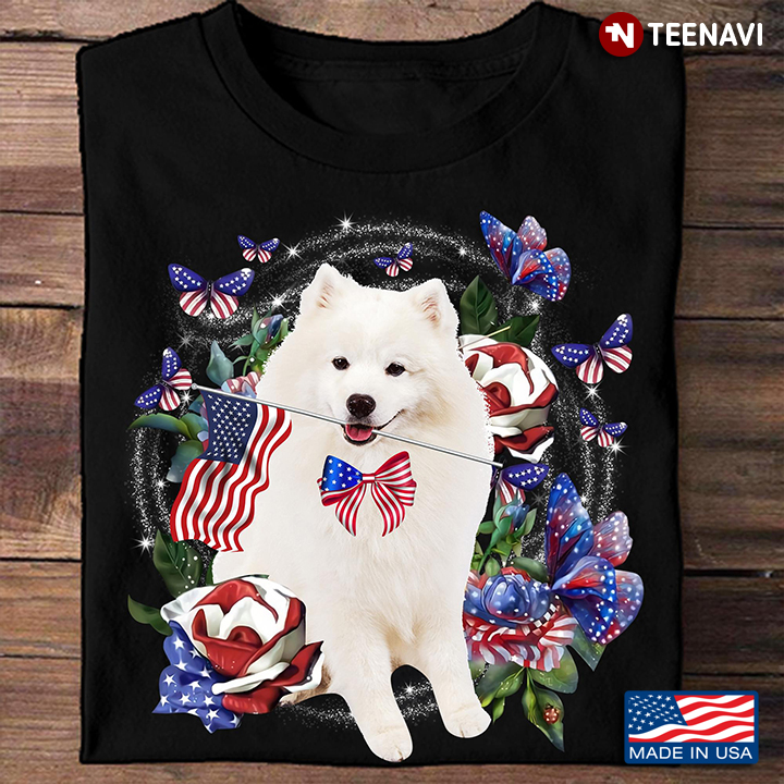 Samoyed Dog American Flag Roses Butterflies Shirt, Fourth Of July