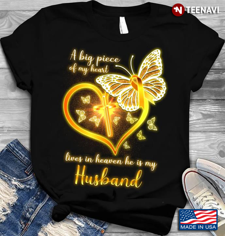 Yellow Butterfly Cross Heart Ribbon Shirt, A Big Piece Of My Heart Lives In Heaven