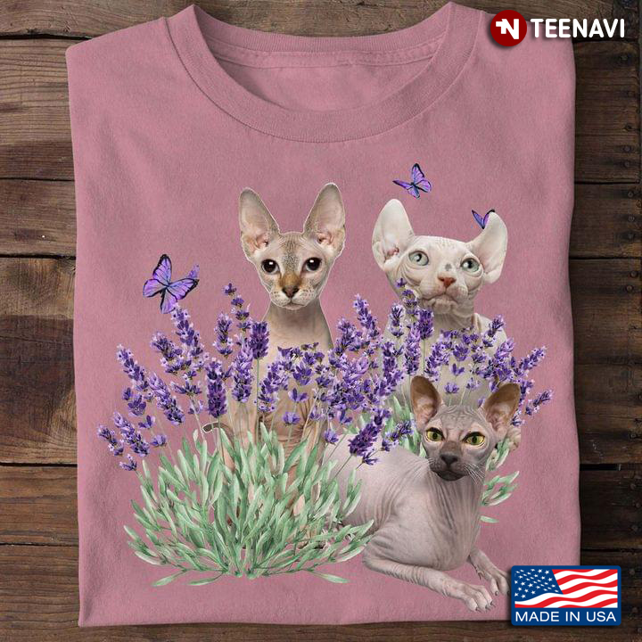 Sphynx Cats Lavender Flowers Butterflies Shirt, I Love Cat for Cat Lovers