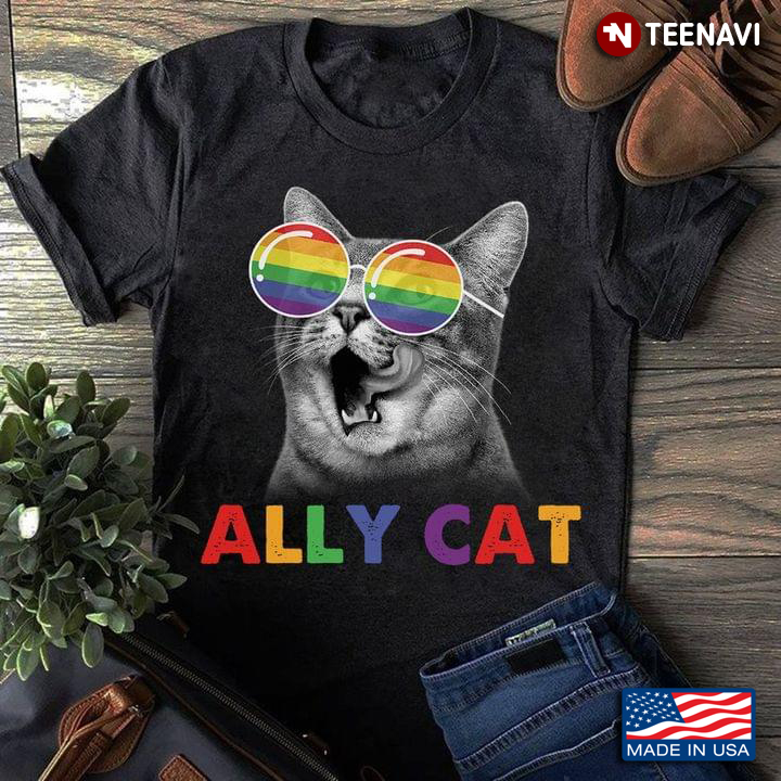 Yawning Cat Rainbow Glasses Shirt, LGBT Pride Ally Cat