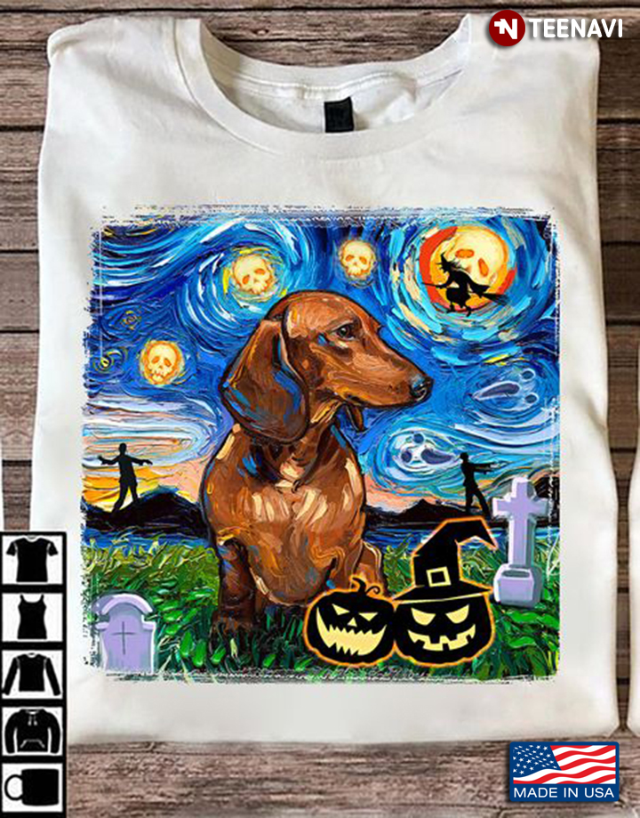 Dachshund Halloween Shirt, Dachshund Witch And Jack O' Lantern
