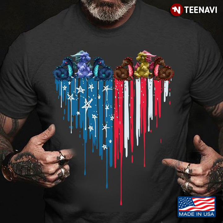 Dragon Shirt, Funny Dragons Melting American Flag Heart