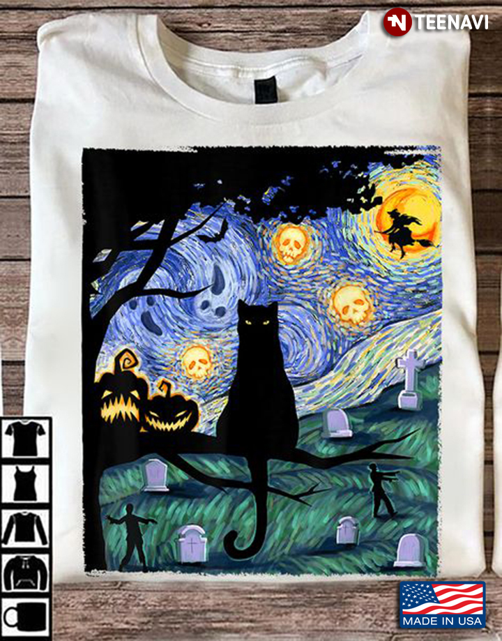 Cat Halloween Shirt, Halloween The Starry Night Black Cat