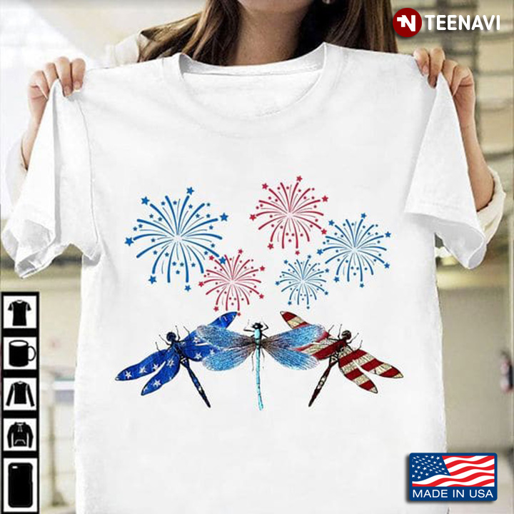 4th of July Shirt, Dragonflies With Fireworks American Flag