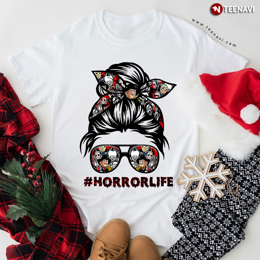Horror Life Messy Bun Girl With Headband And Glasses T-Shirt