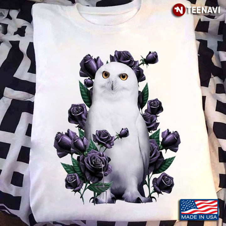 Owl Shirt, Cute White Owl With Purple Roses