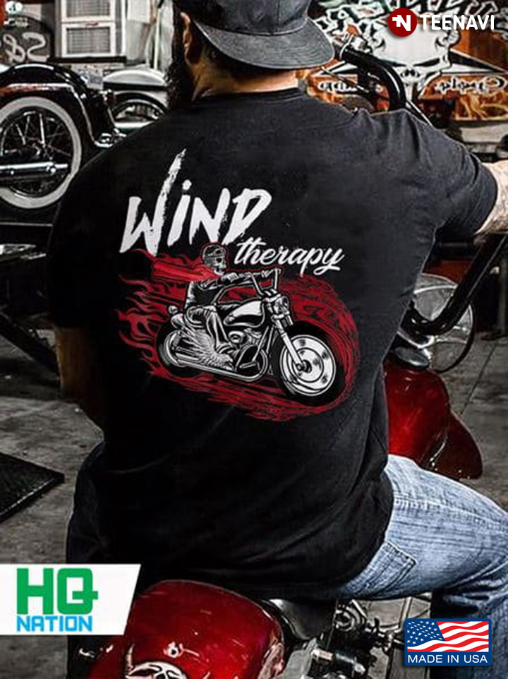 Biker Shirt, Wind Therapy Skeleton Rides Motorcycle