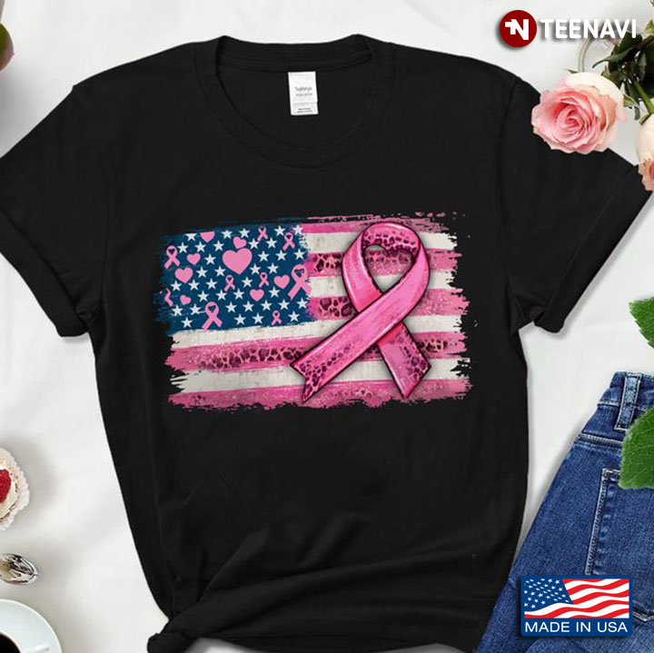Breast Cancer Awareness Shirt, American Flag With Pink Ribbon Leopard