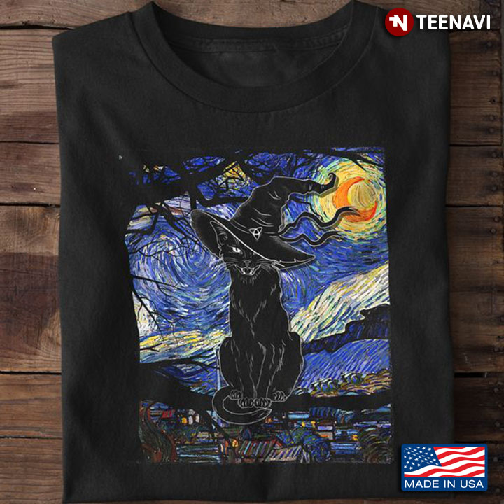 Halloween The Starry Night Black Cat Cat Witch T-Shirt