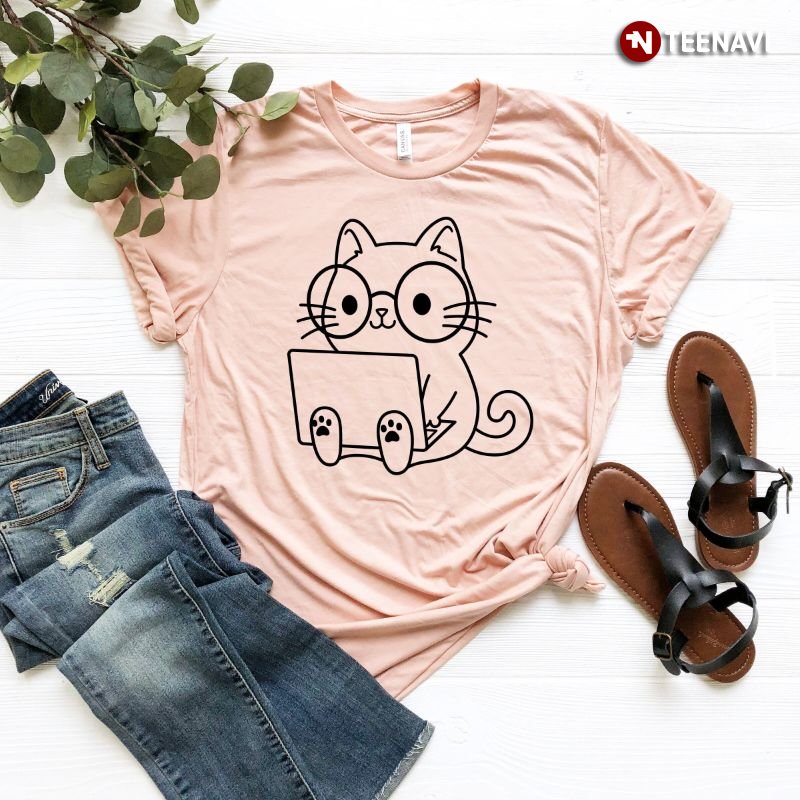 Cute Cat Shirt, Lovely Cat With Laptop