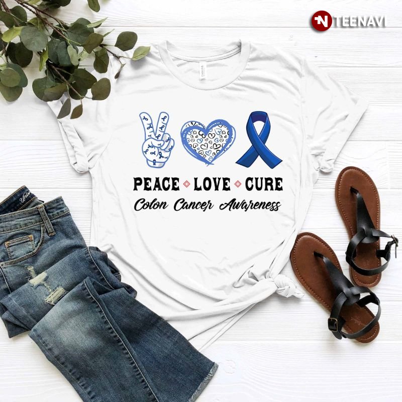 Colon Cancer Awareness Shirt, Peace Love Cure Colon Cancer Awareness
