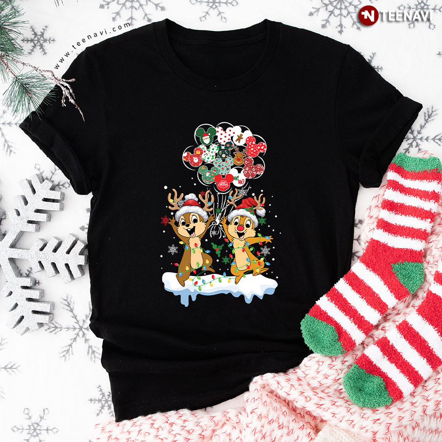 Merry Christmas Disney Balloon Chip And Dale T-Shirt