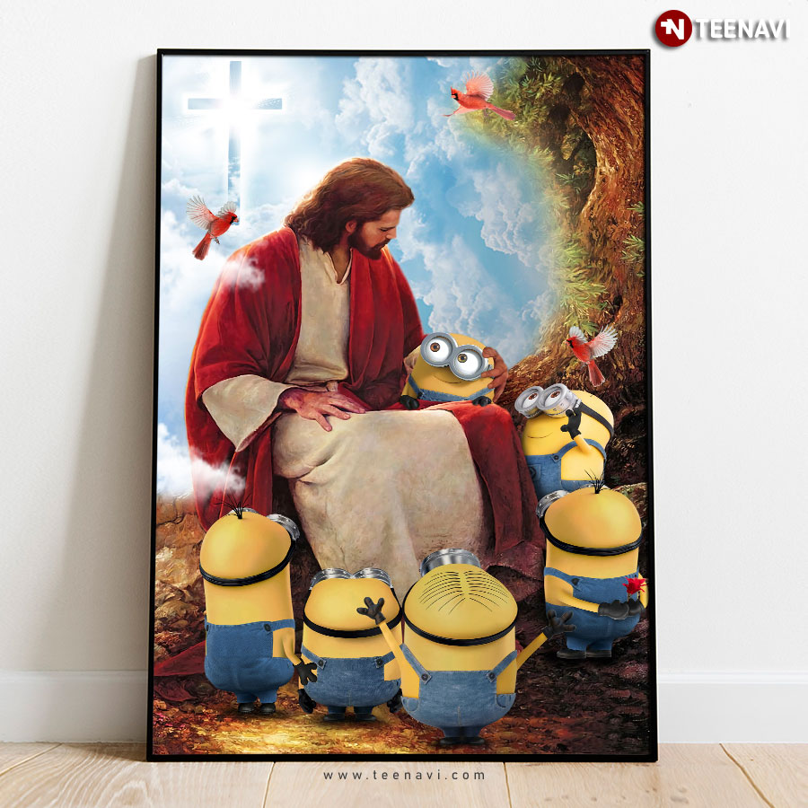 Jesus Christ Playing With Minions And Cardinals Poster