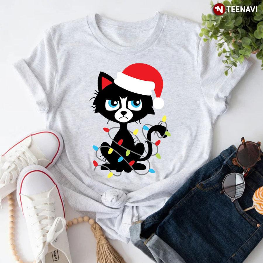 Black Cat Christmas Shirt, Black Cat With Santa Hat And Fairy Lights T-Shirt
