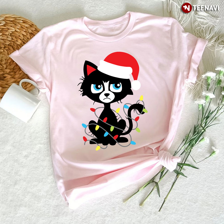Black Cat Christmas Shirt, Black Cat With Santa Hat And Fairy Lights T-Shirt
