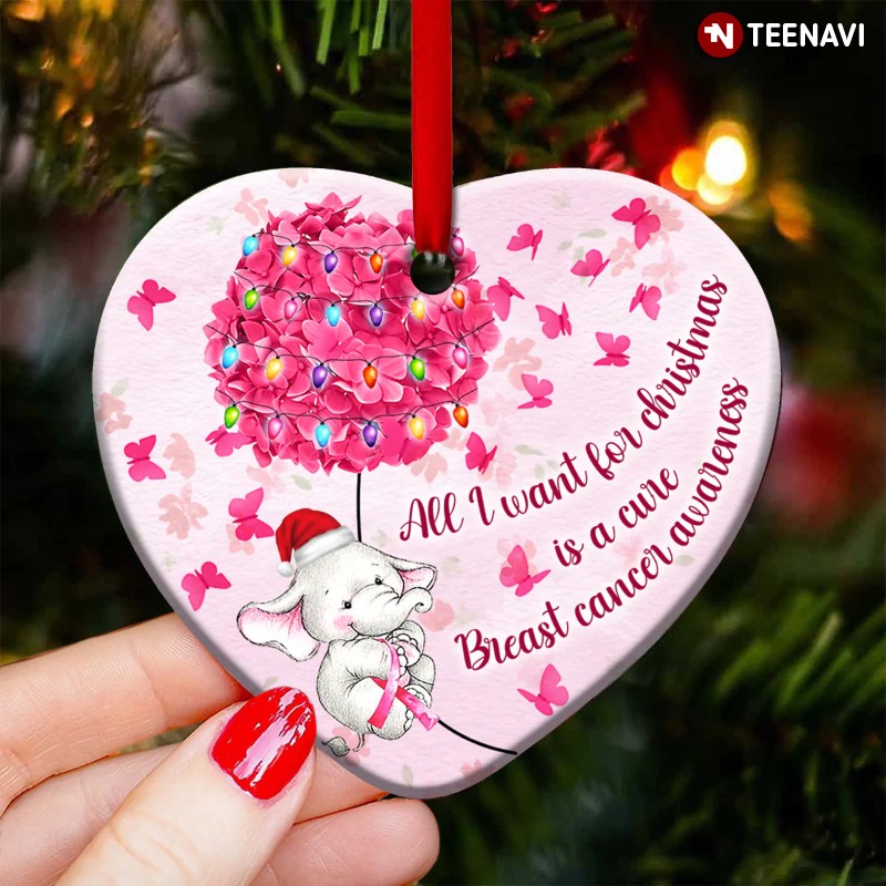 Elephant Breast Cancer Christmas Heart Ornament