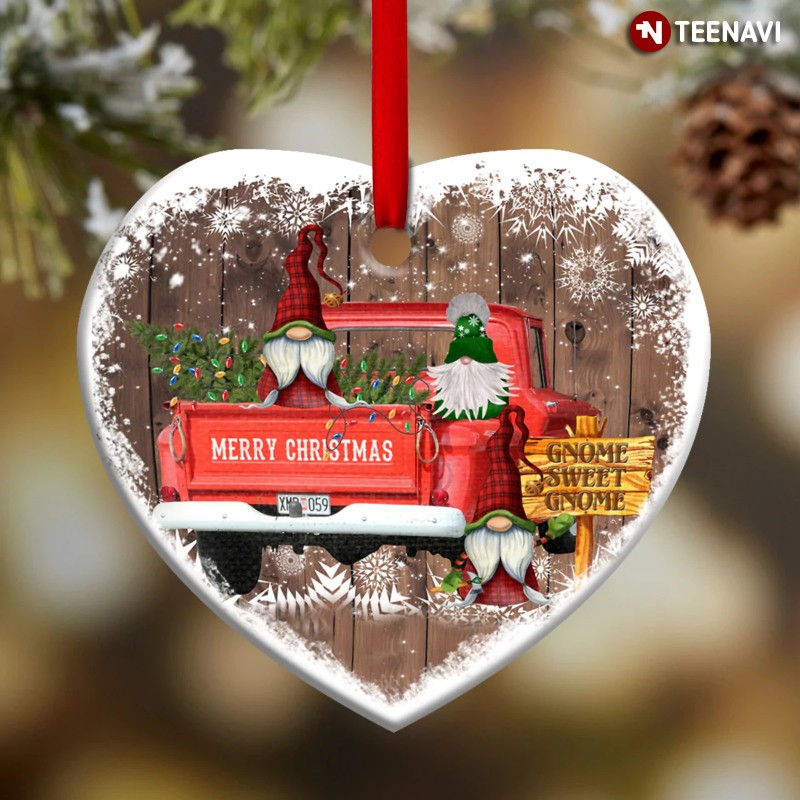 Gnome Red Truck Christmas Heart Ornament