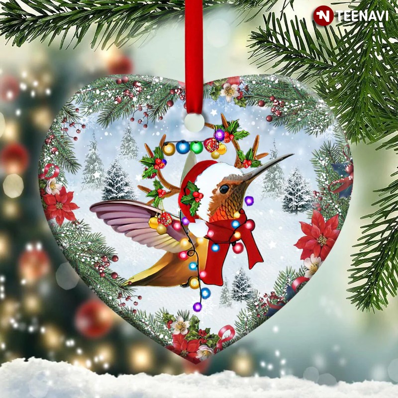 Hummingbird Christmas Light Heart Ornament