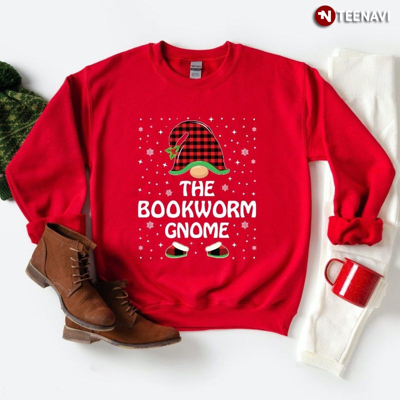 Buffalo Plaid Matching Family Group Christmas Sweatshirt, The Bookworm Gnome
