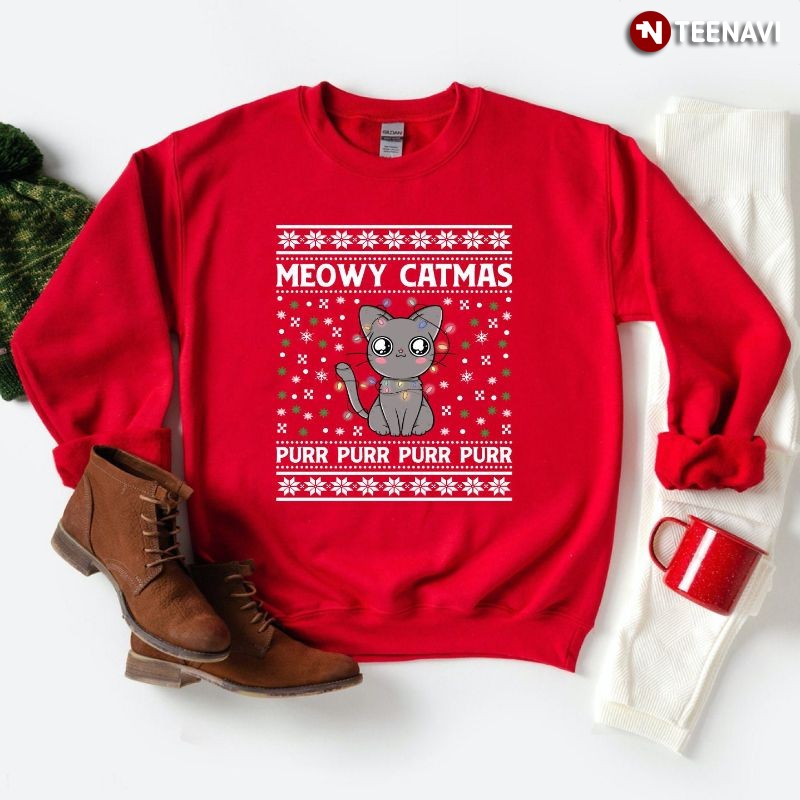 Ugly Christmas Cat Lover Sweatshirt, Meowy Catmast Purr Purr Purr