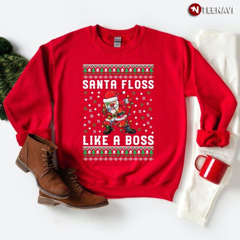 Ugly Christmas Dabbing Santa Claus Sweatshirt, Santa Floss Like A Boss