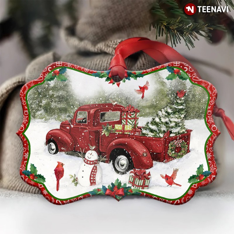 Snowman Red Truck For Christmas Medallion Aluminum Ornament