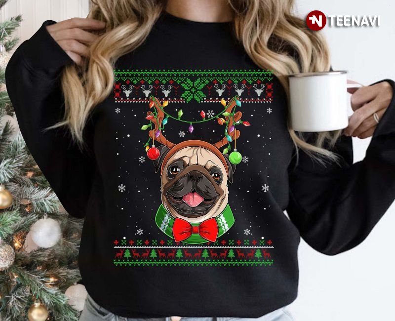Pug Christmas Sweatshirt, Cute Pug Ugly Christmas