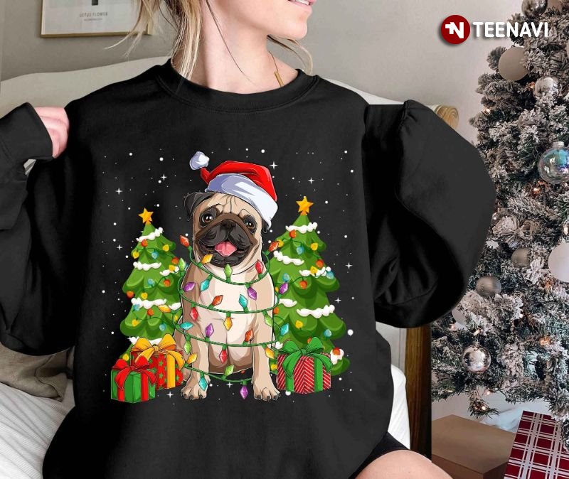 Santa Pug Sweatshirt, Lovely Pug With Santa Hat And Fairy Lights