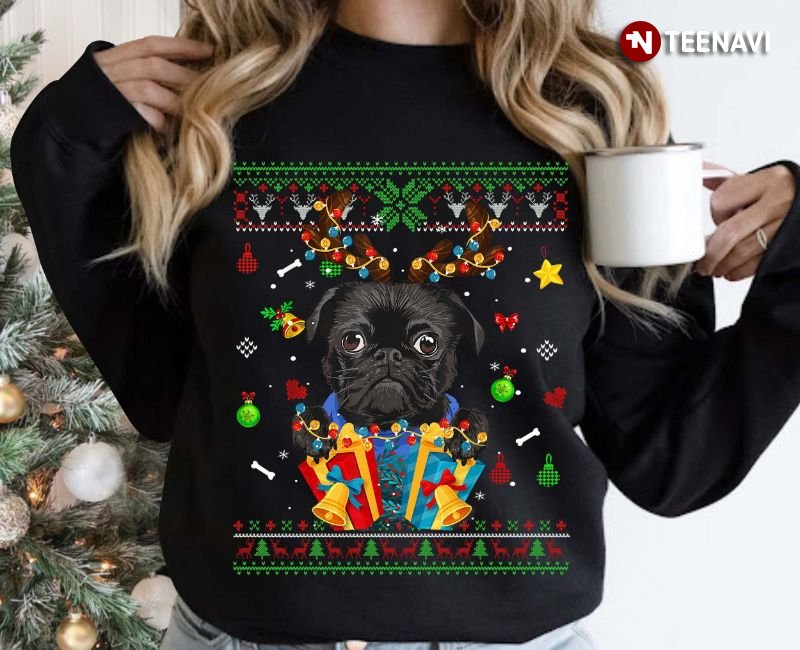 Pug Puppy Sweatshirt, Cute Pug Ugly Christmas