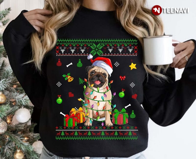 Funny Pug Christmas Sweatshirt, Santa Pug With Fairy Lights Ugly Christmas
