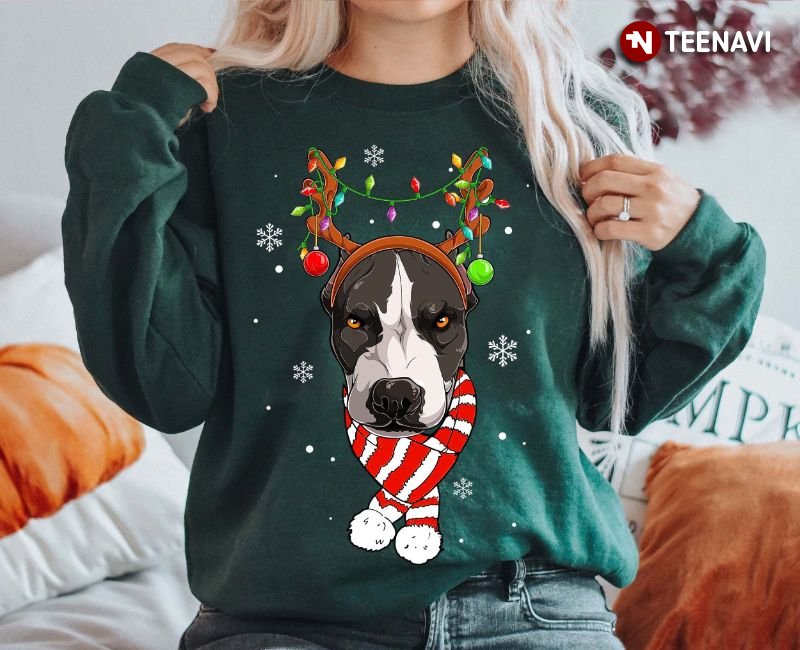 Pitbull Christmas Sweatshirt, Funny Pitbull With Reindeer Horns