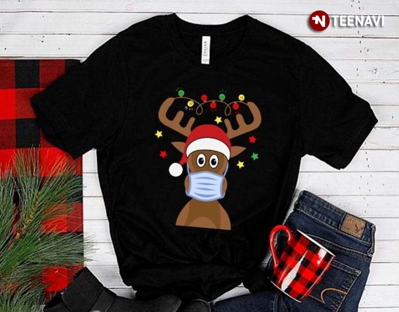 Santa Reindeer Shirt, Reindeer With Santa Hat And Mask Merry Christmas