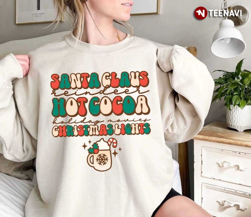 Santa Claus Sweatshirt, Santa Claus Hot Cocoa Christmas Lights