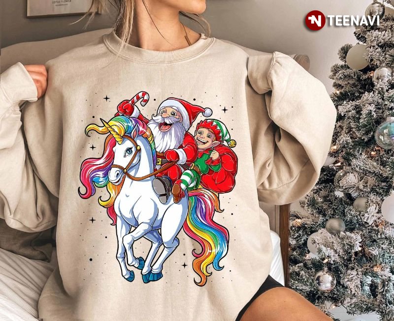 Elf Christmas Sweatshirt, Santa Claus And Elf Riding Unicorn Merry Christmas