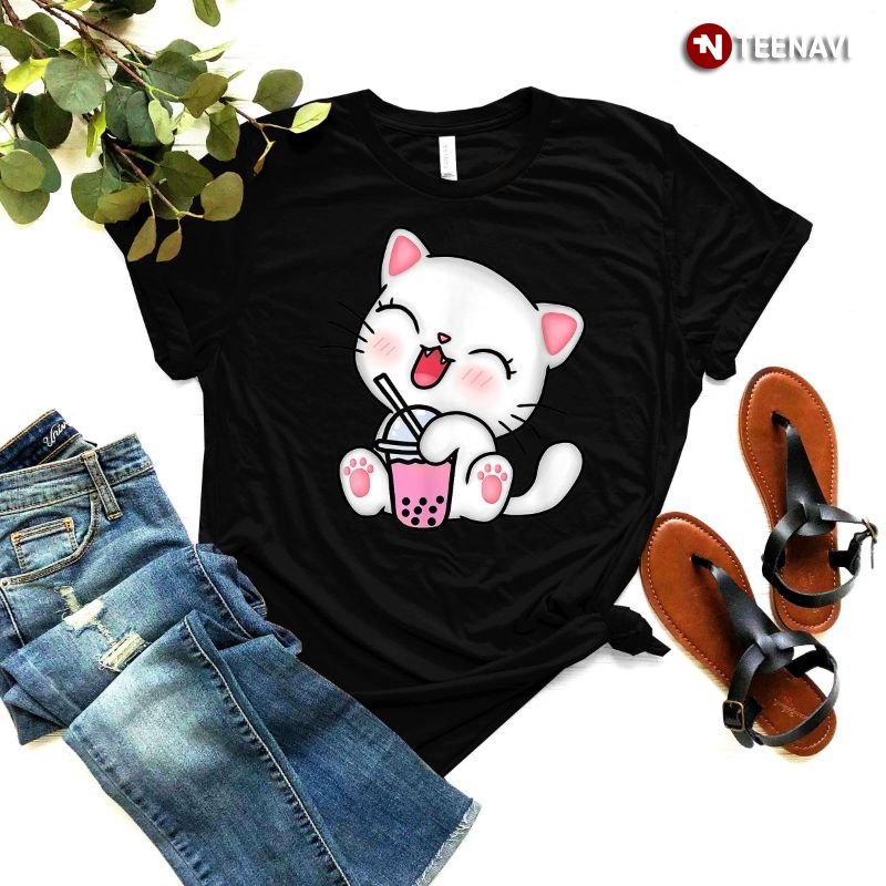 Cute Cat Shirt, Cat With Milk Tea