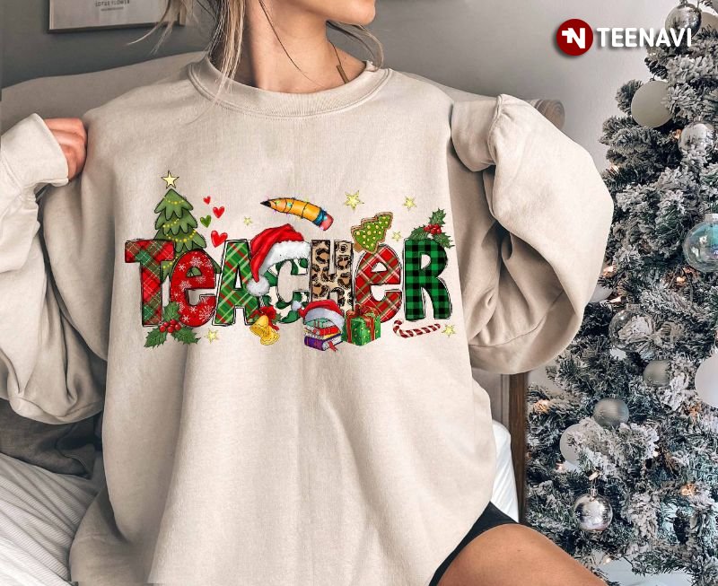 Teacher Christmas Sweatshirt, Teacher Leopard