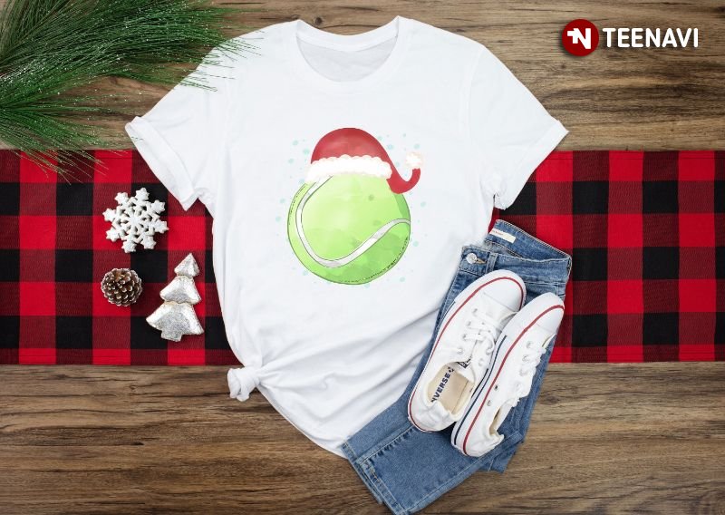 Tennis Christmas Shirt, Tennis Ball With Santa Hat