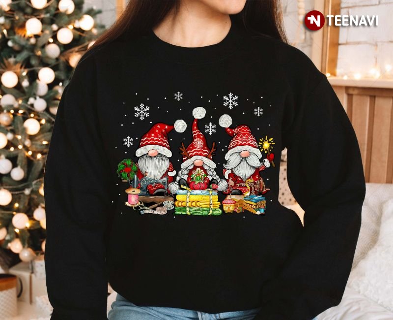Gnomes Sewing Christmas Sweatshirt, Gnomes With Sewing Machine