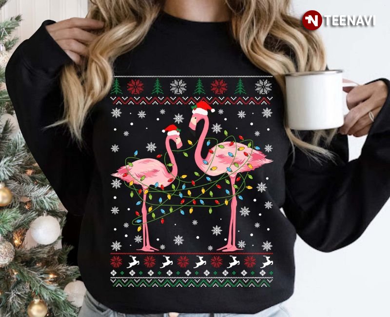 Flamingo Ugly Christmas Sweatshirt, Funny Flamingos With Santa Hats