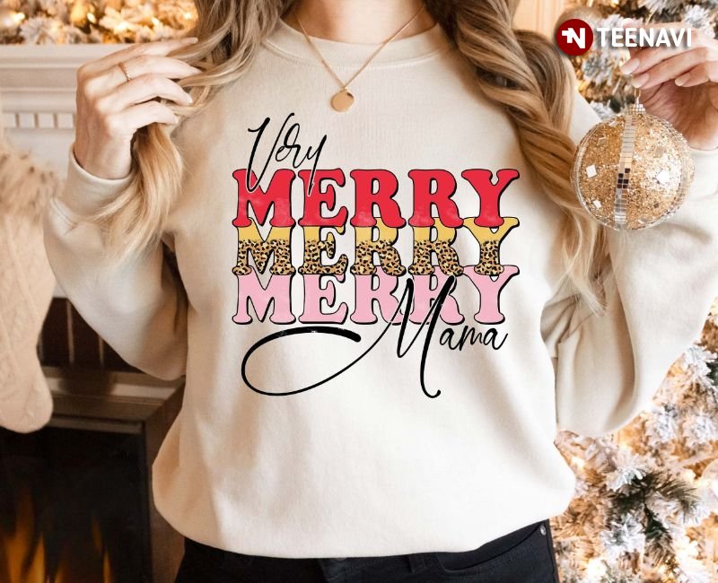Christmas Mom Sweatshirt, Very Merry Merry Merry Mama Leopard