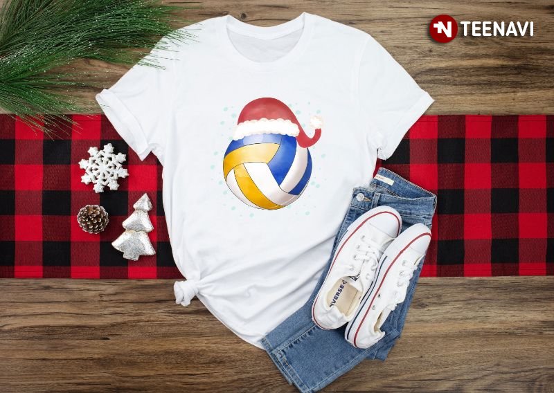 Volleyball Christmas Shirt, Volleyball Ball With Santa Hat