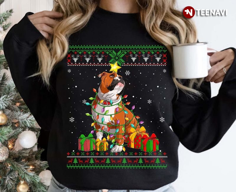Bulldog Christmas Sweatshirt, Bulldog With Fairy Lights Ugly Christmas