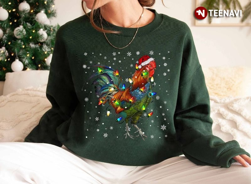 Santa Rooster Sweatshirt, Rooster With Santa Hat And Fairy Lights
