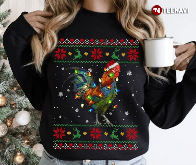 Chicken Ugly Christmas Sweatshirt, Santa Chicken With Fairy Lights