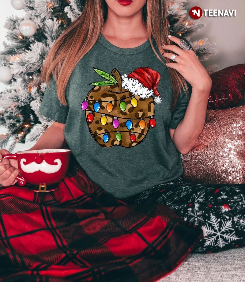Teacher Christmas Shirt, Leopard Apple With Santa Hat And Fairy Lights