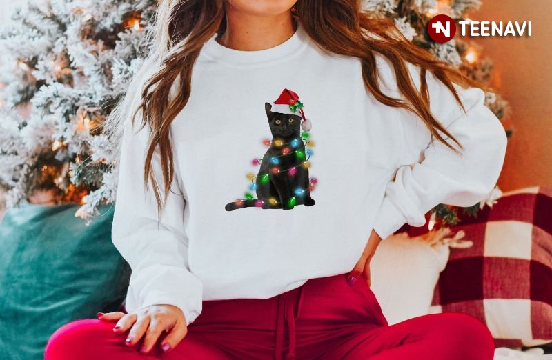 Christmas Black Cat Sweatshirt, Santa Black Cat With Fairy Lights