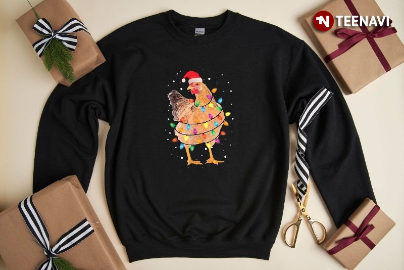 Christmas Chicken Lights Sweatshirt, Santa Chicken With Fairy Lights