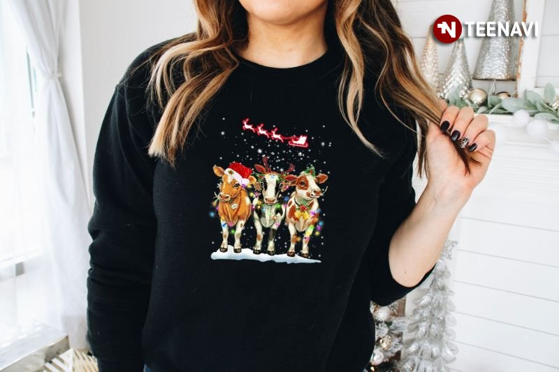 Cow Holiday Sweatshirt, Funny Cows With Fairy Lights